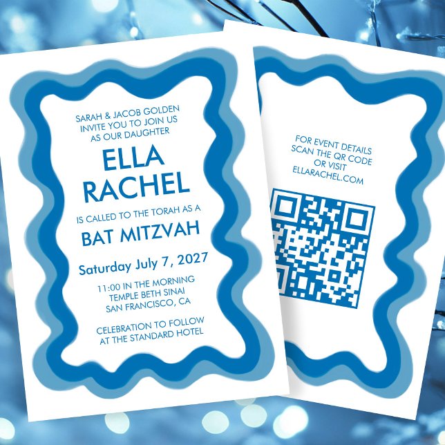 Invitation Bat mitzvah de la barre de CODE QR personnalisée m (Wavy Frame Modern Custom QR CODE Bar Bat Mitzvah Invitation
)