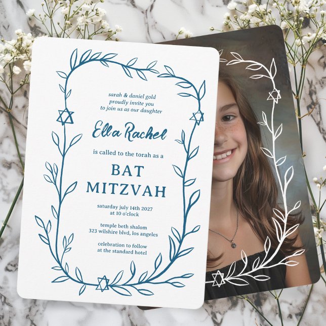Invitation Bat mitzvah de la barre de PHOTOS Botanique sur me (Delicate Botanical Leafy Frame Star of David CUSTOM PHOTO Bar Bat Mitzvah Invitation Elegant Trendy)