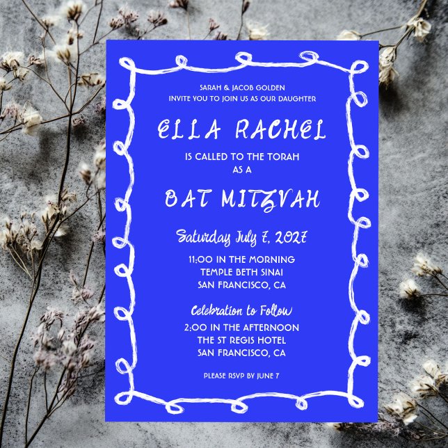 Invitation Bat mitzvah de la barre personnalisée de boucles d (Messy Loops Hand Drawn Custom Bar Bat Mitzvah Blue White Invitation
)