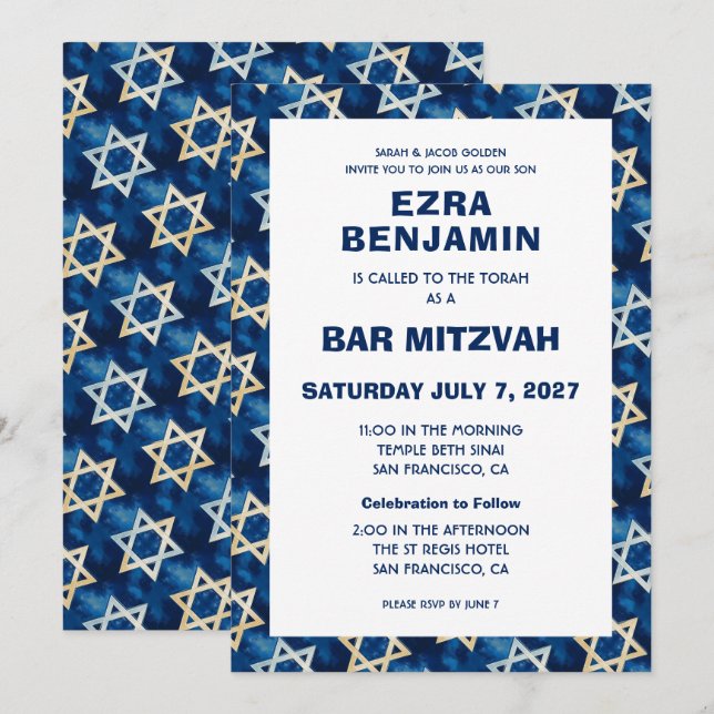 Invitation Bat mitzvah de la barre personnalisée Star of Davi (Devant / Derrière)