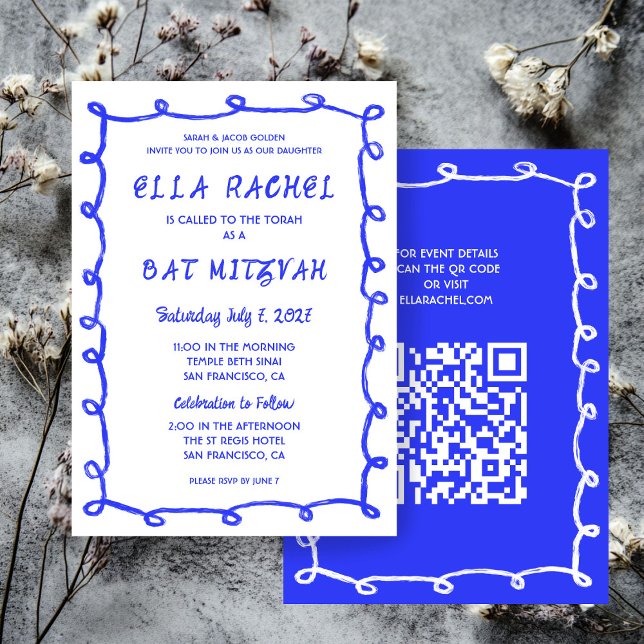 Invitation Bat mitzvah de la barre QR personnalisée avec bouc (Messy Loops Hand Drawn Custom QR Code Blue White  Bar Bat Mitzvah Invitation
)