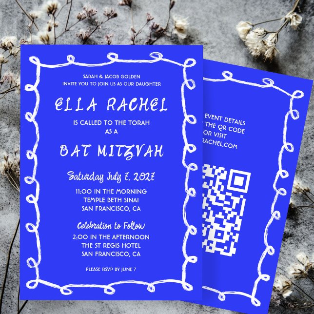 Invitation Bat mitzvah de la barre QR personnalisée avec bouc (Messy Loops Hand Drawn Custom QR Bar Bat Mitzvah Blue White Invitation
)