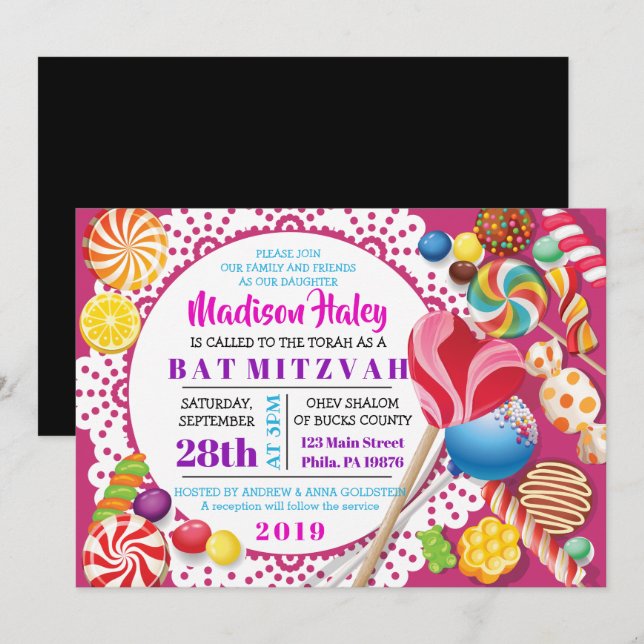 Invitation Bat mitzvah DE MAGASIN CANDY (Devant / Derrière)