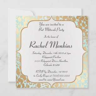 Invitation Bat mitzvah de métal Golden Aqua