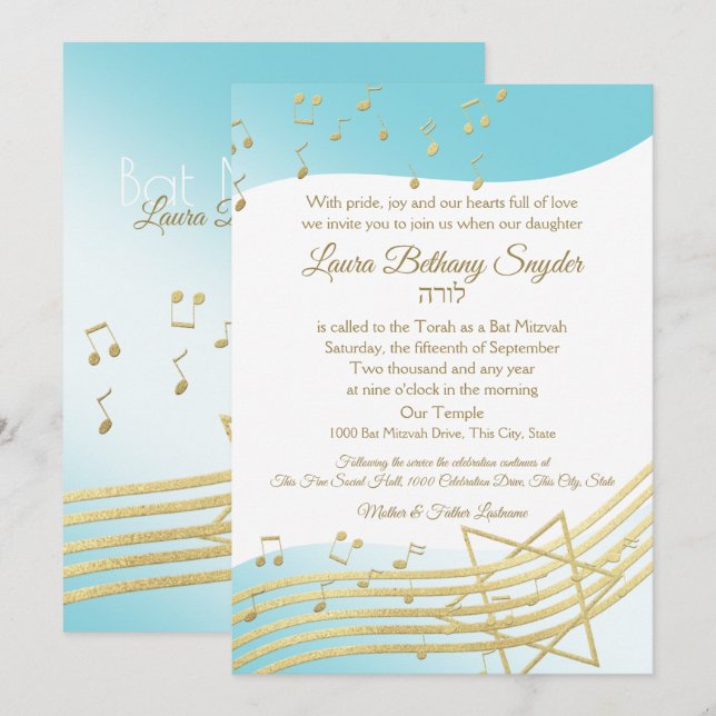 Invitation Bat mitzvah de musique bleu et or (Devant / Derrière)