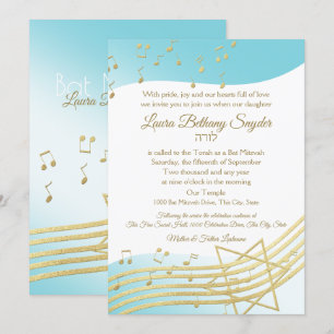 Invitation Bat mitzvah de musique bleu et or