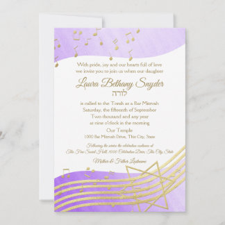 Invitation Bat mitzvah de musique violet aquarelle et or2