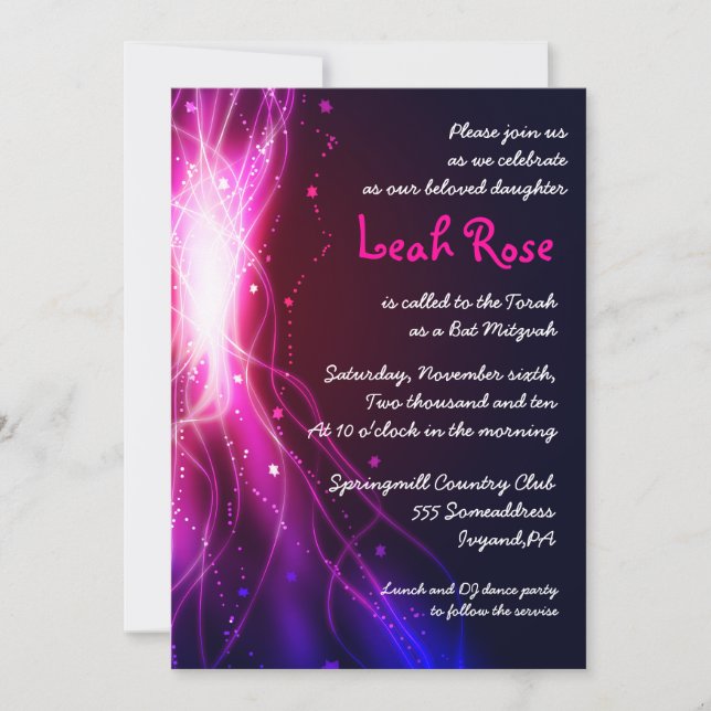 Invitation Bat mitzvah de Neon Stars (Devant)