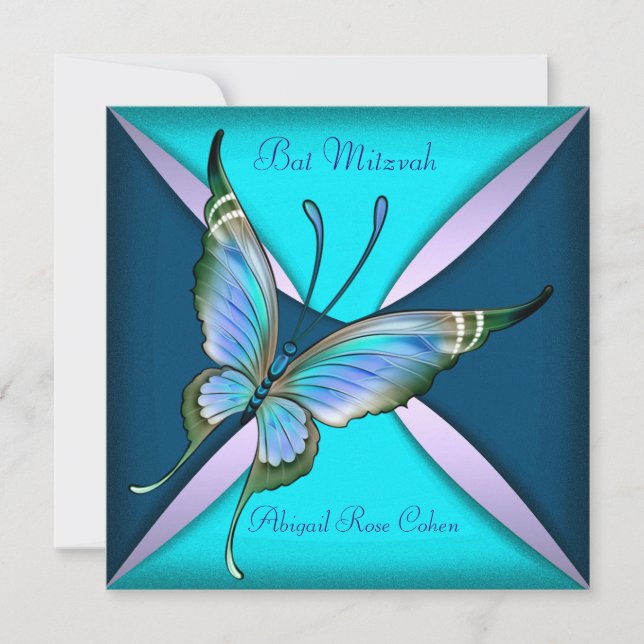 Invitation Bat mitzvah de papillon bleu Turquoise violet (Devant)