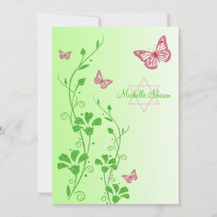 Invitation Bat mitzvah de papillons floraux rose, vert