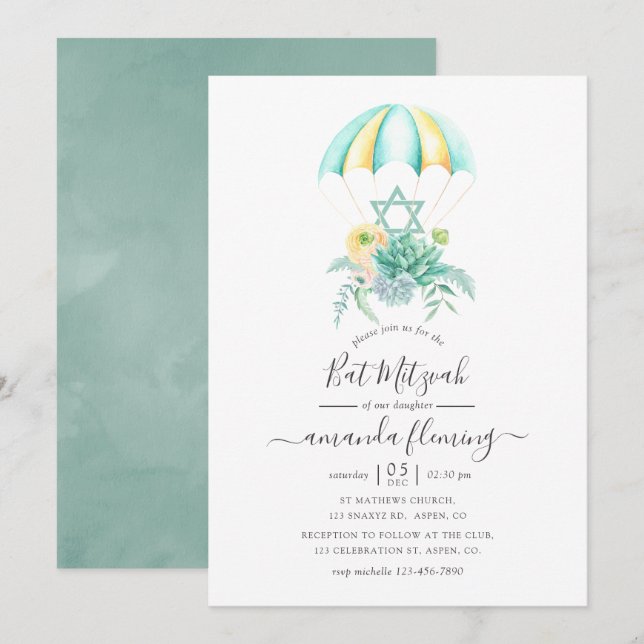 Invitation Bat mitzvah de parachute de bouquet de succulents  (Devant / Derrière)