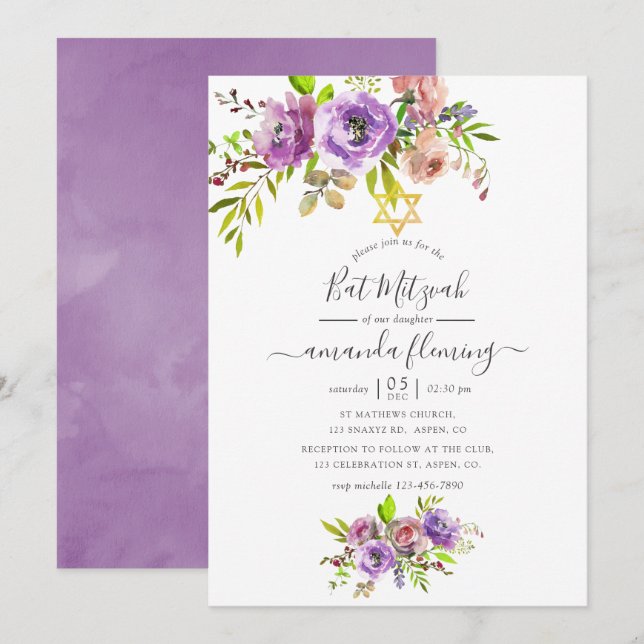 Invitation Bat mitzvah de printemps floral aquarelle (Devant / Derrière)