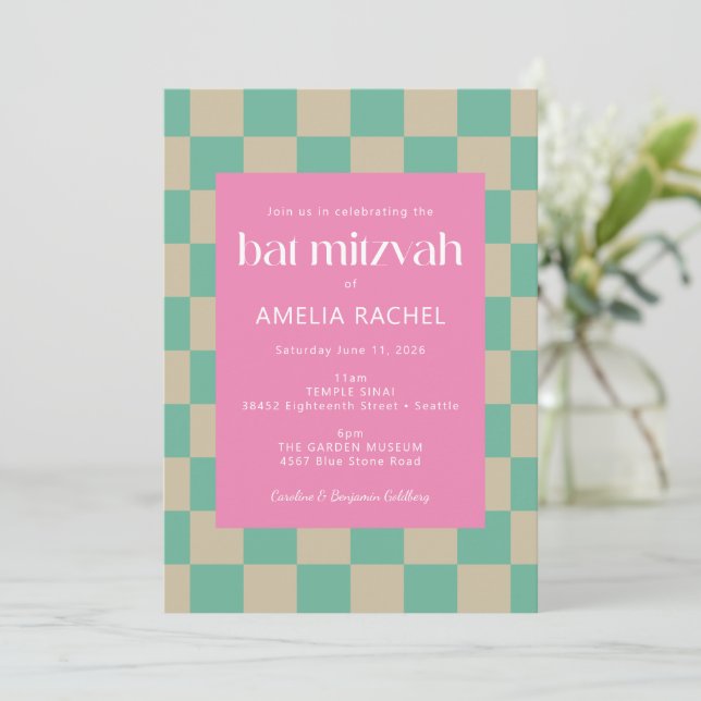 Invitation Bat mitzvah de tableau de bord vert Mod Pink Mint (Debout devant)