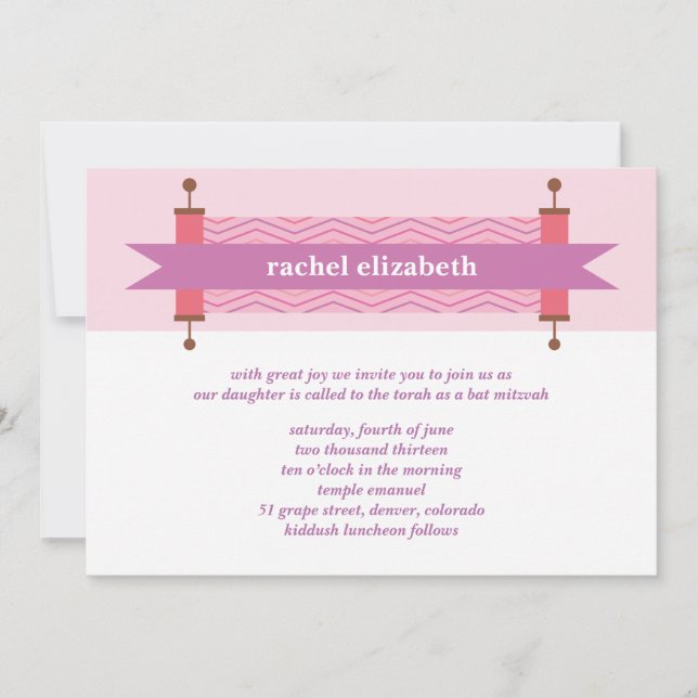 Invitation Bat mitzvah de Torah Chevron rose (Devant)