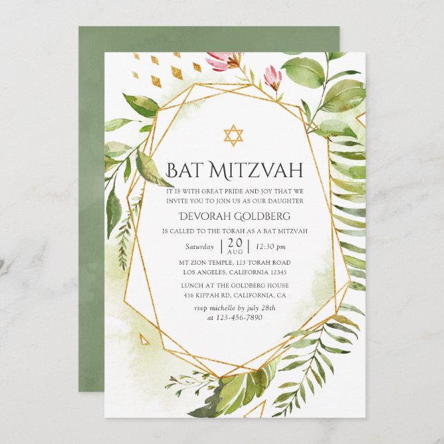 Invitation Bat mitzvah de verdure cristal géométrique (Devant / Derrière)