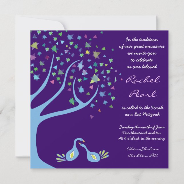 Invitation Bat mitzvah des étoiles de l'arbre de v (Devant)