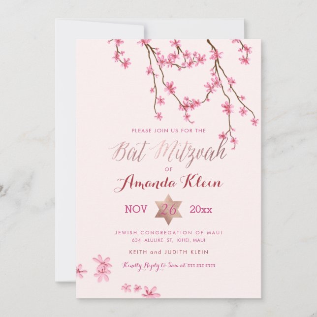Invitation Bat mitzvah des fleurs de cerisiers de PixDezines (Devant)
