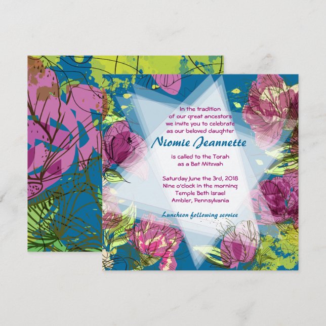 Invitation Bat mitzvah des FLEURS DE PRINTEMPS PEI (Devant / Derrière)