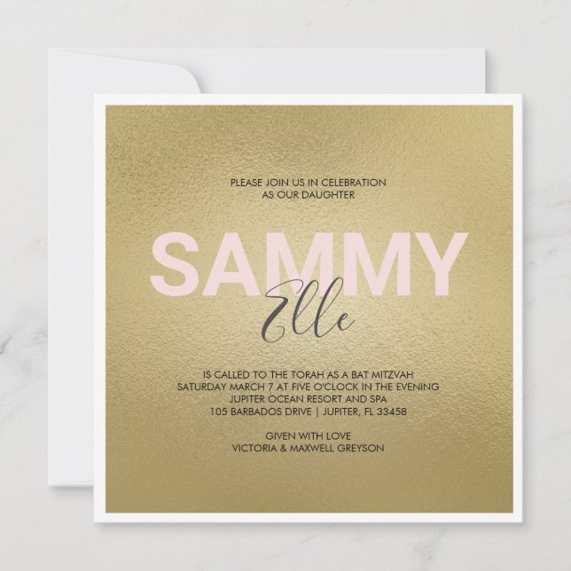 Invitation Bat mitzvah d'or Faux (Devant)
