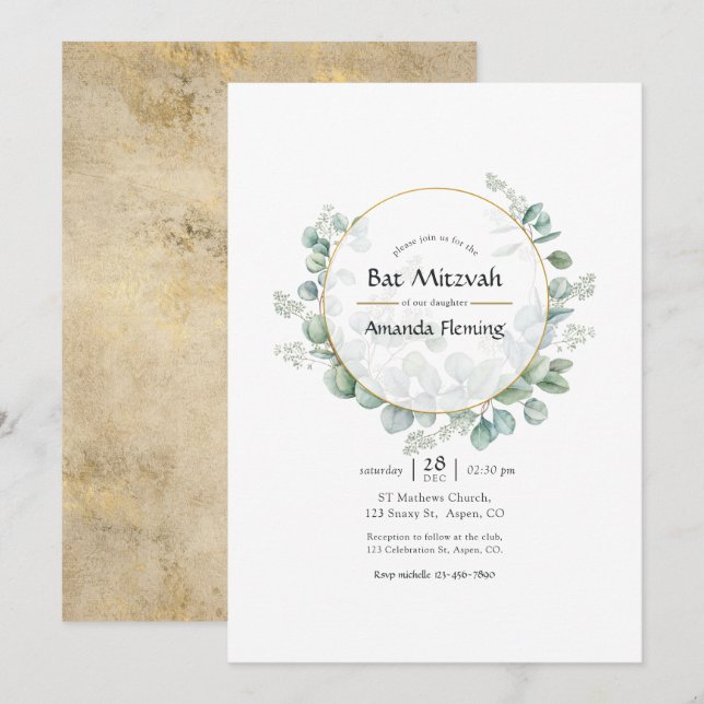 Invitation Bat mitzvah d'or géométrique Eucalyptus (Devant / Derrière)