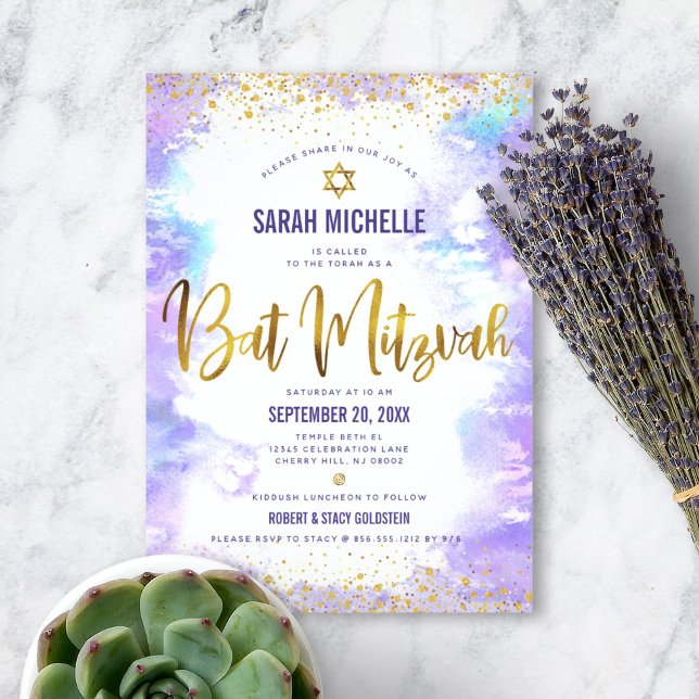 Invitation Bat mitzvah doré moderne feuille d'or violet aquar (Créateur téléchargé)
