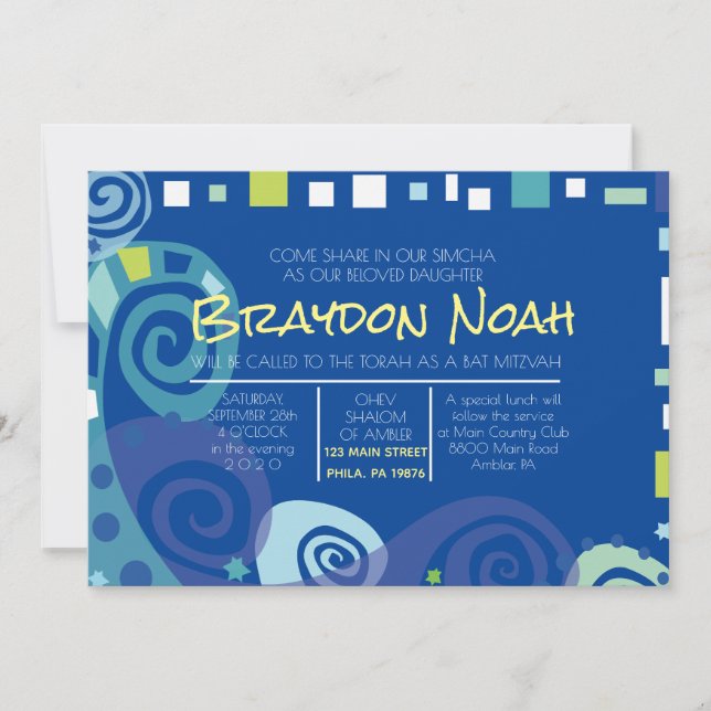 Invitation Bat mitzvah du bar NOAH'S ARK & WAVES (Devant)