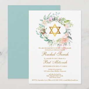 Invitation Bat mitzvah Elegant Aquarelle Floral Garland