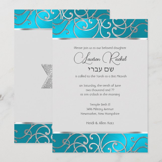 Invitation Bat mitzvah Elégant bleu turquoise Silver Filigree (Devant / Derrière)