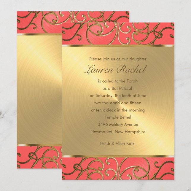 Invitation Bat mitzvah Elegant Coral et Gold Filigree (Devant / Derrière)