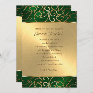 Invitation Bat mitzvah Elegant Emerald Green Filigree or