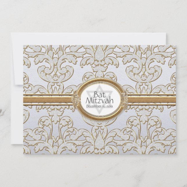 Invitation Bat mitzvah - Elégant feuille florale Damas baroqu (Devant)