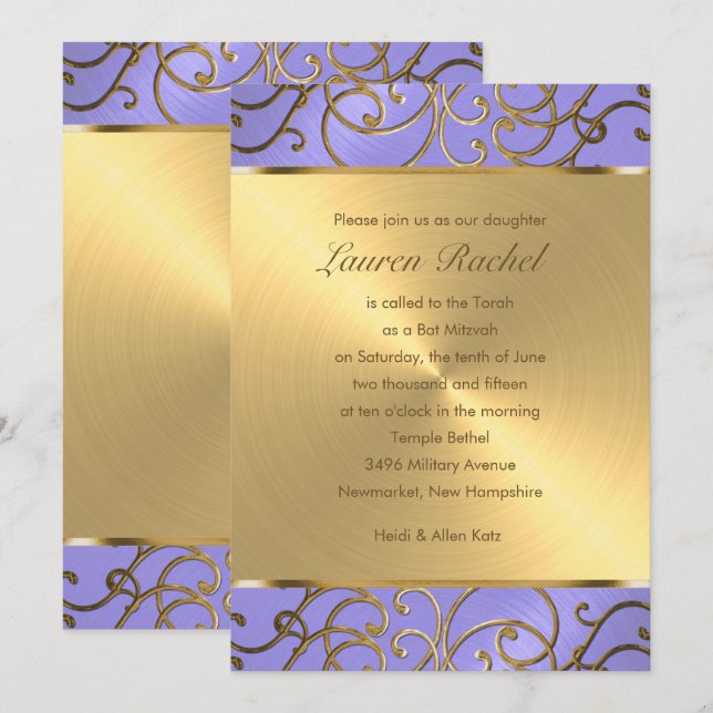 Invitation Bat mitzvah Élégant Lavande Purple Gold Filigree (Devant / Derrière)