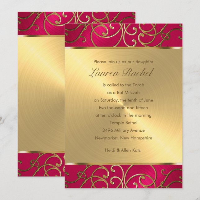 Invitation Bat mitzvah élégant Magenta Rose Gold Filigree (Devant / Derrière)