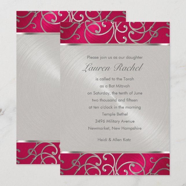 Invitation Bat mitzvah Élégant Magenta Rose Silver Filigree (Devant / Derrière)