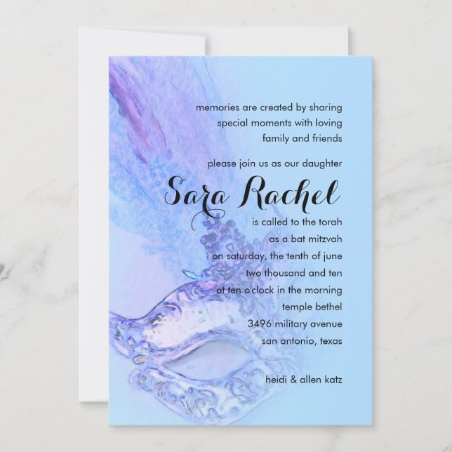 Invitation Bat mitzvah Elegant Masquerade Bleu et Violet (Devant)