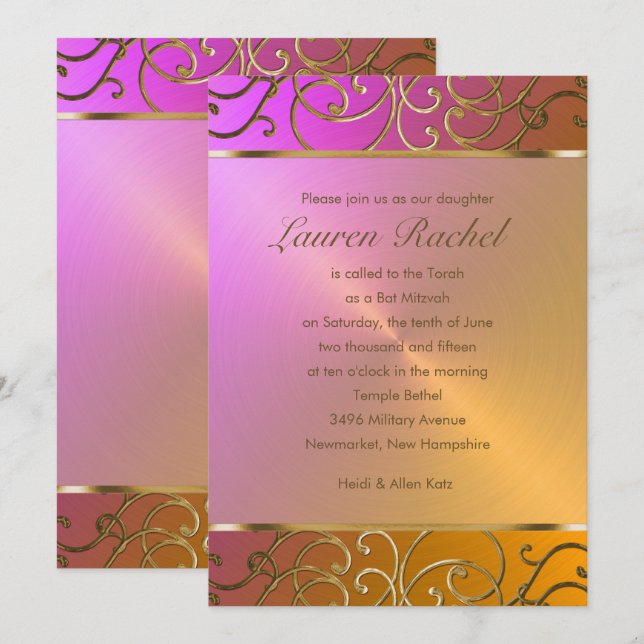 Invitation Bat mitzvah Elegant Orange Rose Gold Filigree (Devant / Derrière)