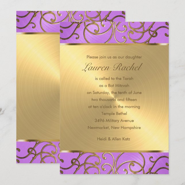 Invitation Bat mitzvah Elegant Orchidée Purple Gold Filigree (Devant / Derrière)