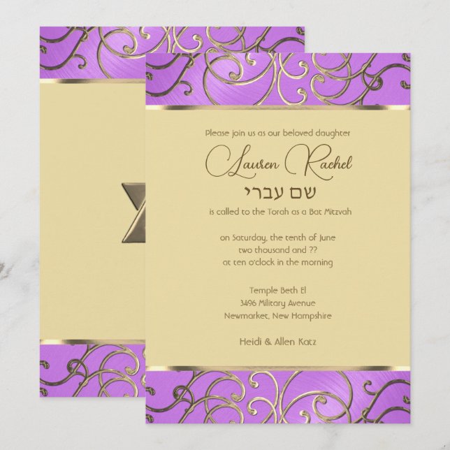 Invitation Bat mitzvah Elegant Orchidée Purple Gold Filigree (Devant / Derrière)
