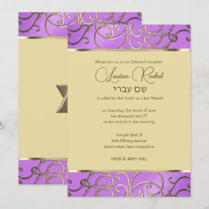 Invitation Bat mitzvah Elegant Orchidée Purple Gold Filigree