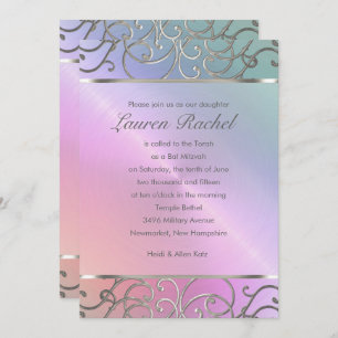 Invitation Bat mitzvah Elegant Pearl Rose Silver Filigree