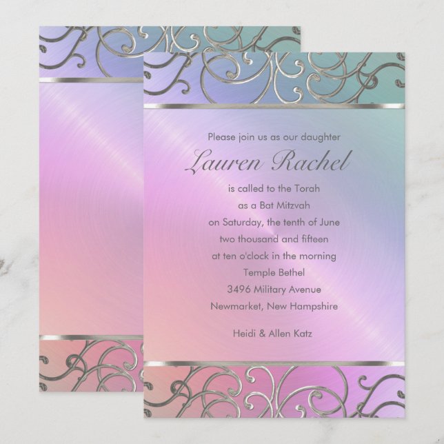Invitation Bat mitzvah Elegant Pearl Rose Silver Filigree (Devant / Derrière)