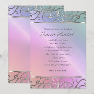 Invitation Bat mitzvah Elegant Pearl Rose Silver Filigree
