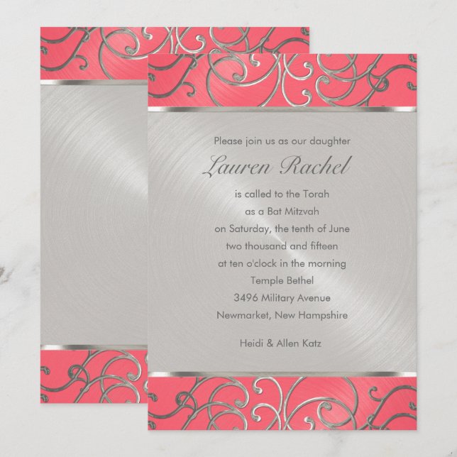 Invitation Bat mitzvah élégant rose et argent Filigree (Devant / Derrière)