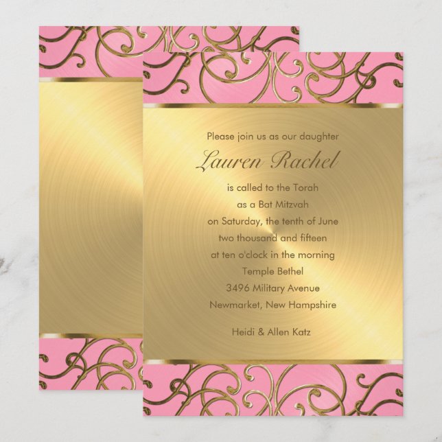 Invitation Bat mitzvah Elegant Rose et Gold Filigree (Devant / Derrière)