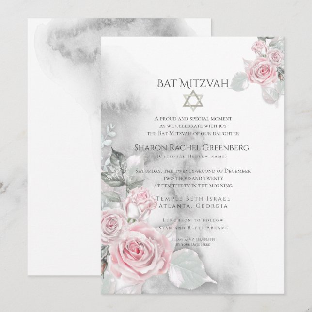 Invitation BAT MITZVAH | Elégant Roses d'aquarelle rose (Devant / Derrière)