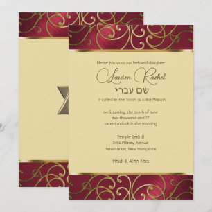 Invitation Bat mitzvah Elegant Rouge et Gold Filigree