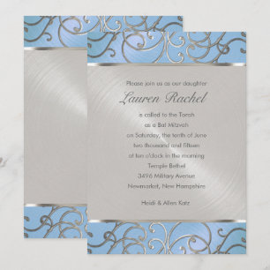 Invitation Bat mitzvah élégant Sky Blue et Silver Filigree