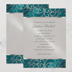 Invitation Bat mitzvah élégant Turquoise bleu et argent Filig