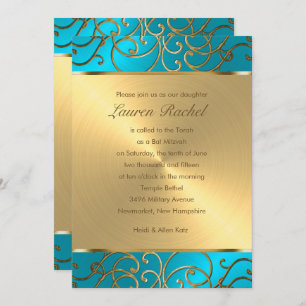 Invitation Bat mitzvah Elegant Turquoise Blue Gold Filigree