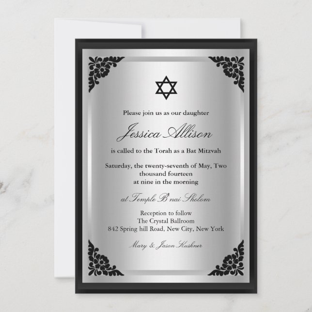 Invitation bat mitzvah élégante Black & Silver (Devant)